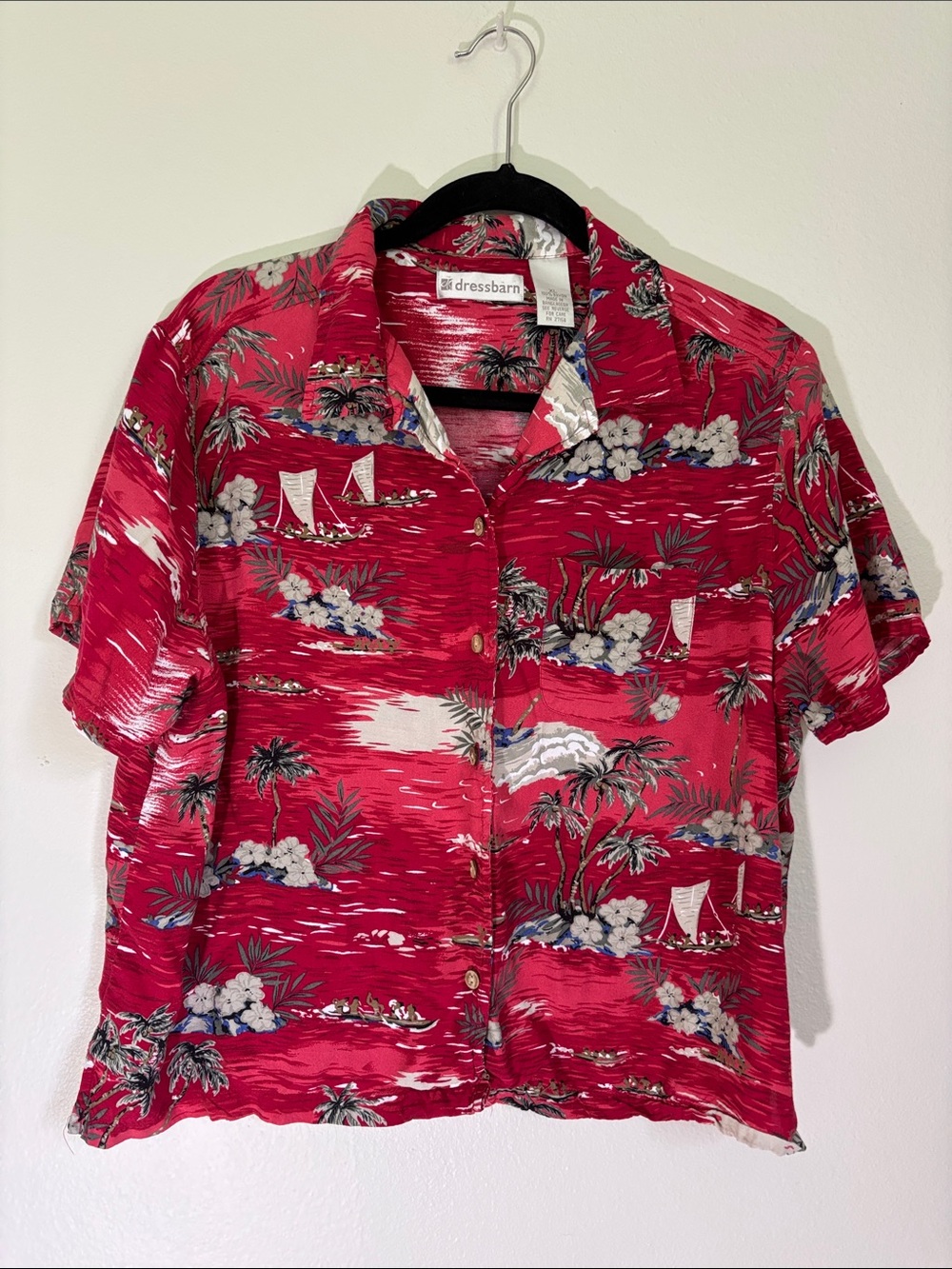 dressbarn Red Tropical Print Camp-Style Button-Down Shirt